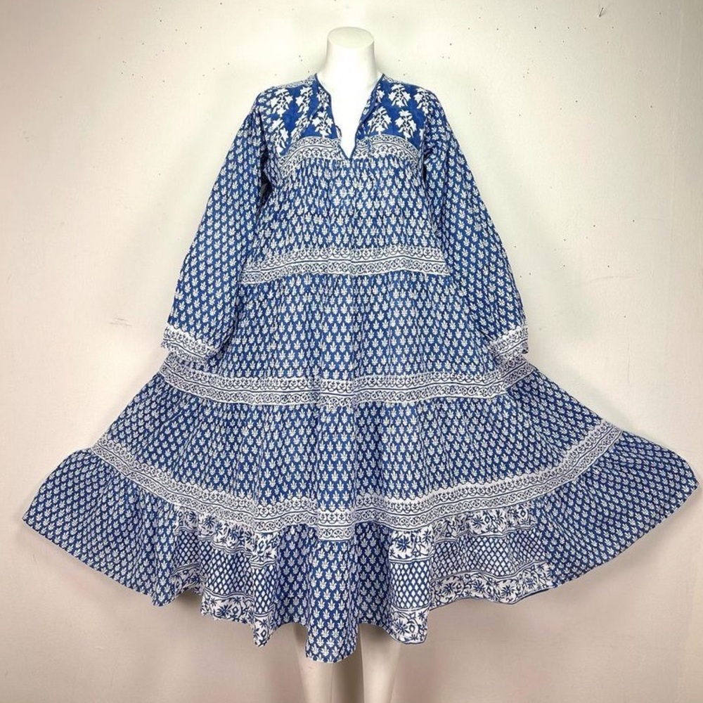 Vintage 70s Indian Cotton Black and White Block Print Dress - Picture 3 of 10